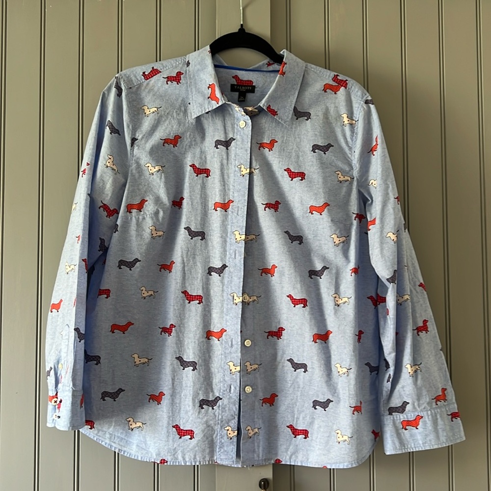 Talbots Dachshund Weiner Dog Classic Button Down Shirt Size L petite